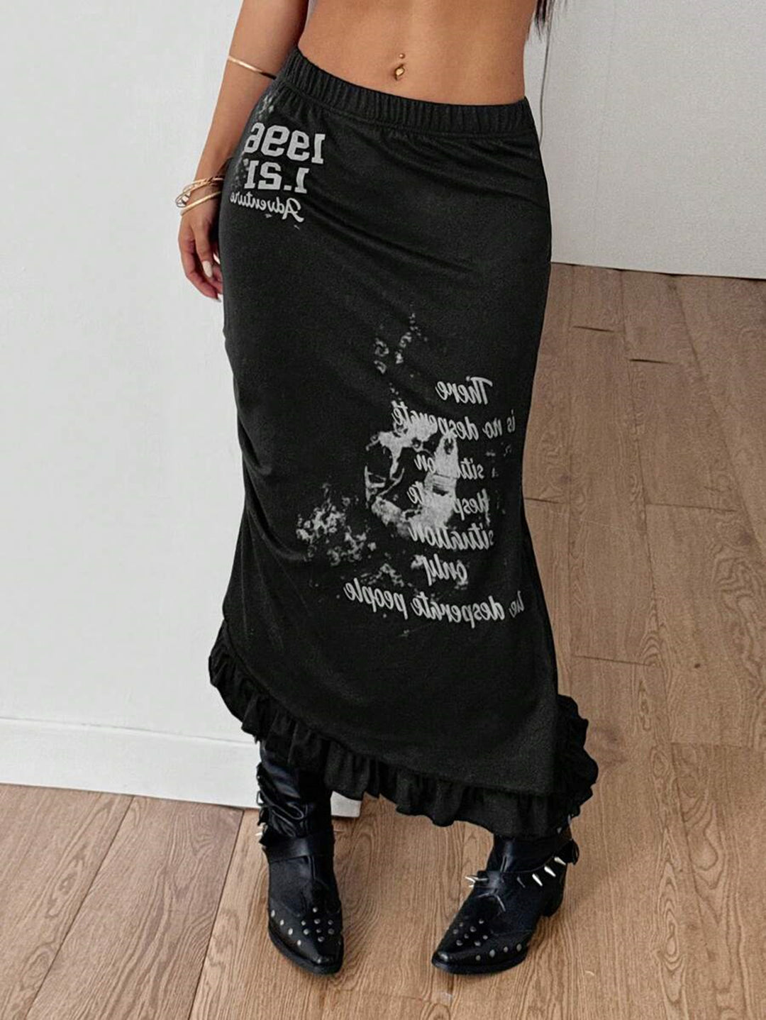 Damen Rock mit fransigem Saum und auffälligem Grafikdruck R&B