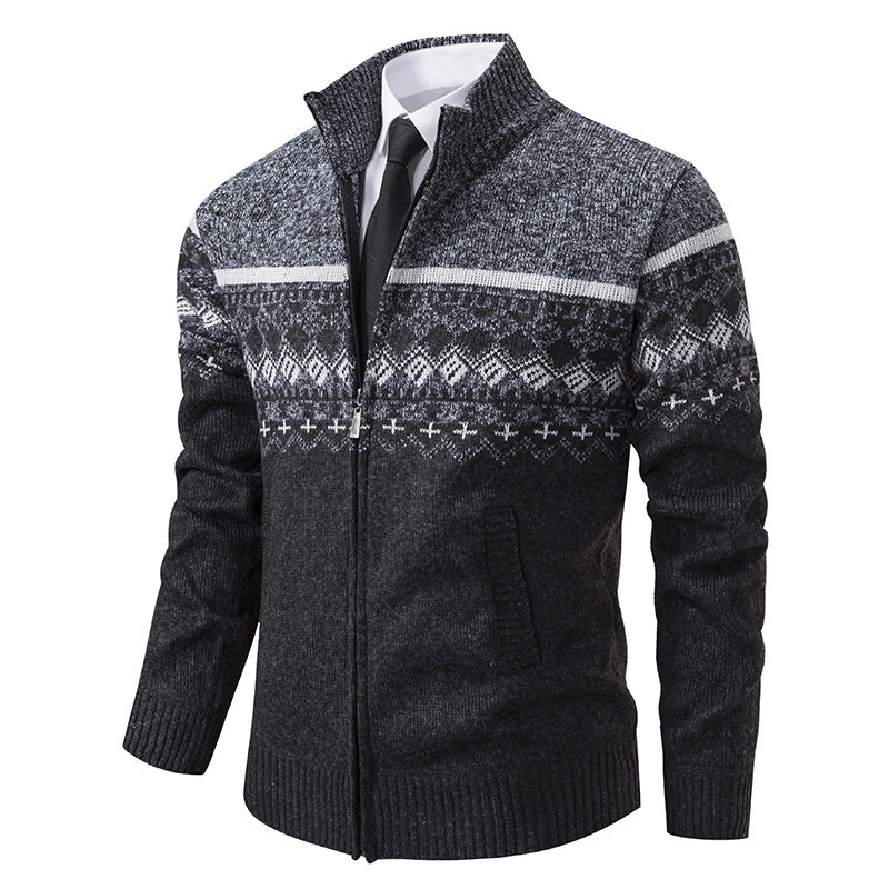 Herren Strickjacke mit Stehkragen und Norweger-Muster R&B