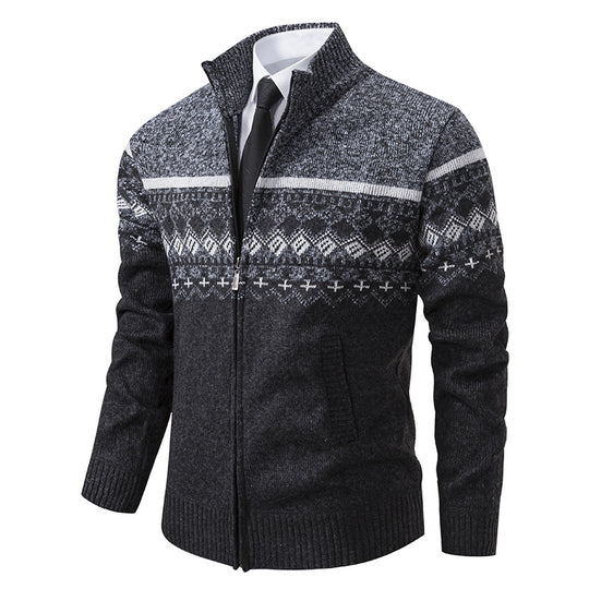 Herren Strickjacke mit Stehkragen und Norweger-Muster R&B