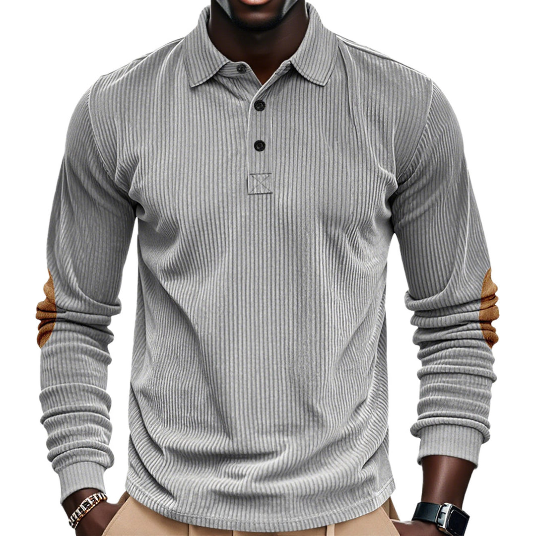 Herren nan geripptes Langarm-Poloshirt mit Henley-Knopfleiste und veloursähnlichen Ellbogenpatches R&B