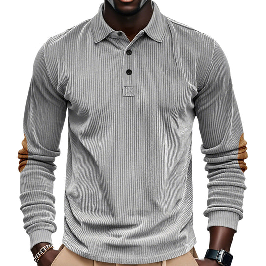 Herren nan geripptes Langarm-Poloshirt mit Henley-Knopfleiste und veloursähnlichen Ellbogenpatches R&B