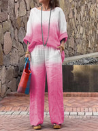 Damen lässiges Leinen-Outfit mit weiten Hosen und lockerer Bluse