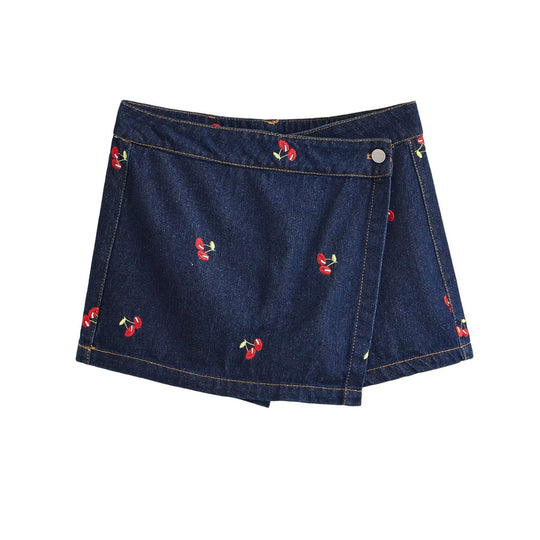 Damen Jeansrock mit verspielter Kirschstickerei und dekorativem Schnitt R&B