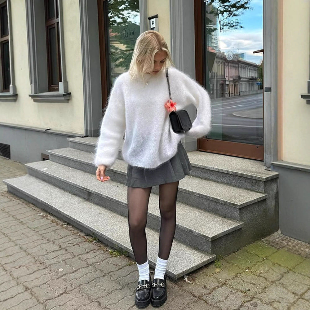 Damen lässiger Strickpullover mit voluminösen Ärmeln und hochwertiger Mohair-Optik R&B