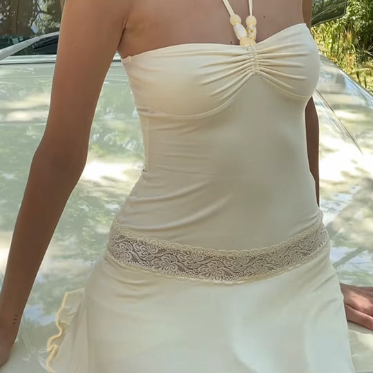 Damen stilvolles Badeoutfit mit gerafftem Oberteil und Spitzenbesatz R&B