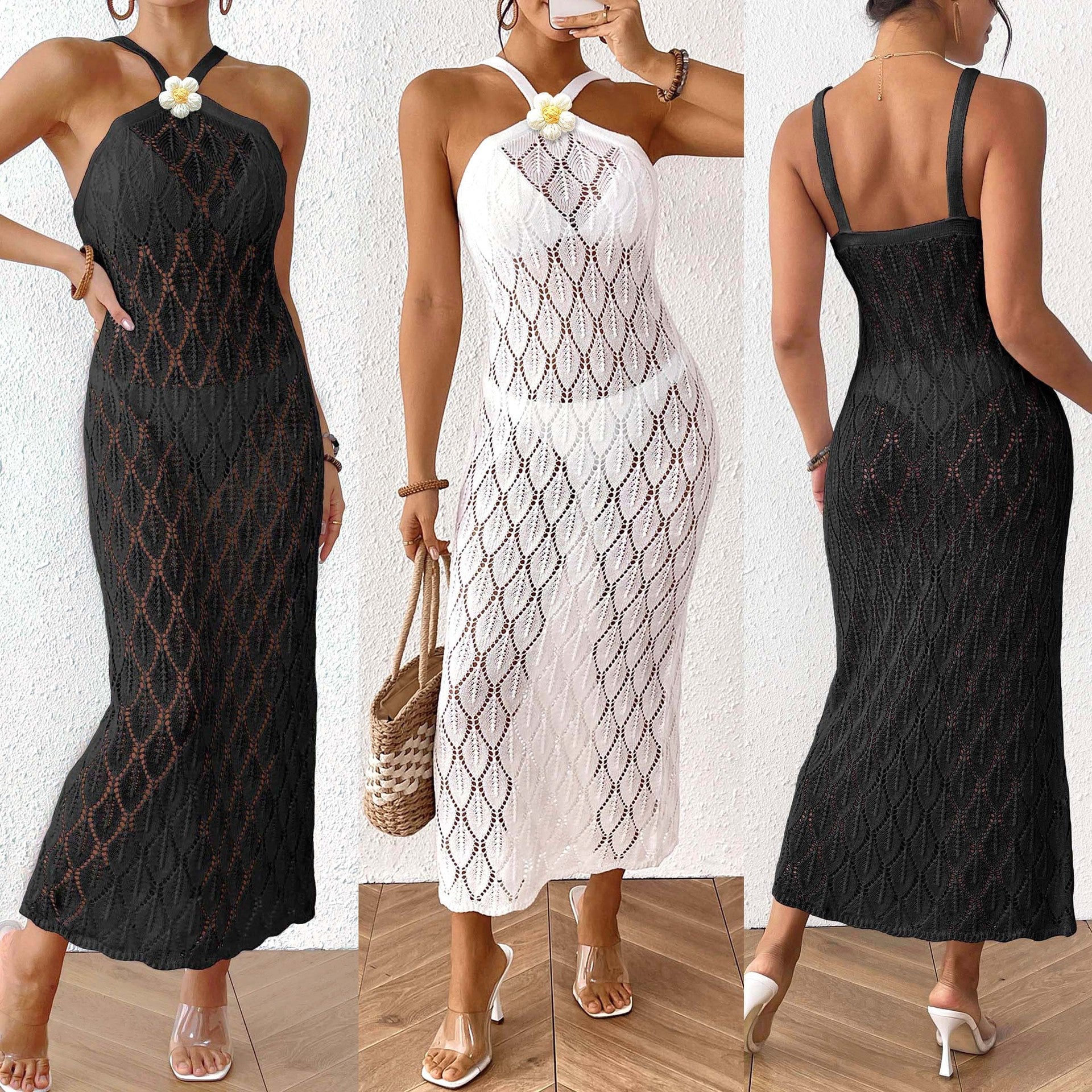 Damen Häkel-Maxikleid mit einem eleganten Blumendetail R&B