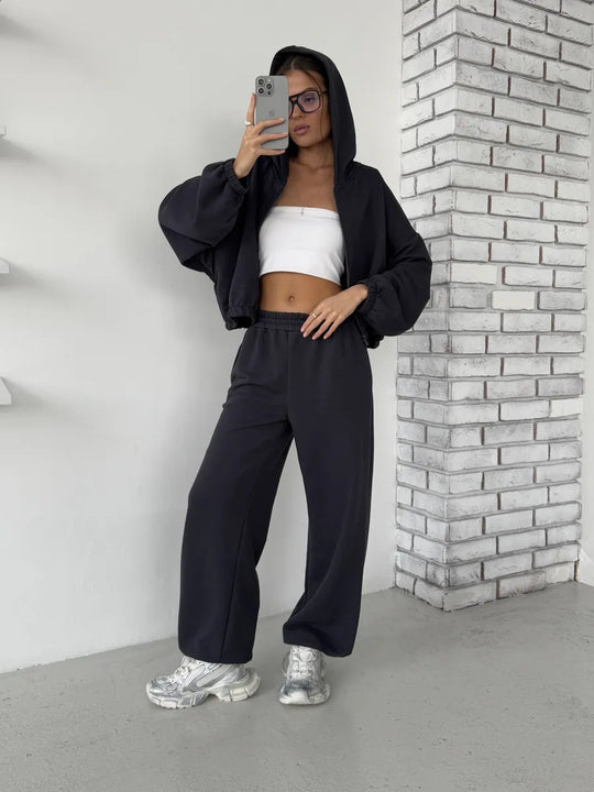 Damen lässiges Sweater-Set aus cropped Hoodie und bequemer Hose mit elastischem Bund R&B
