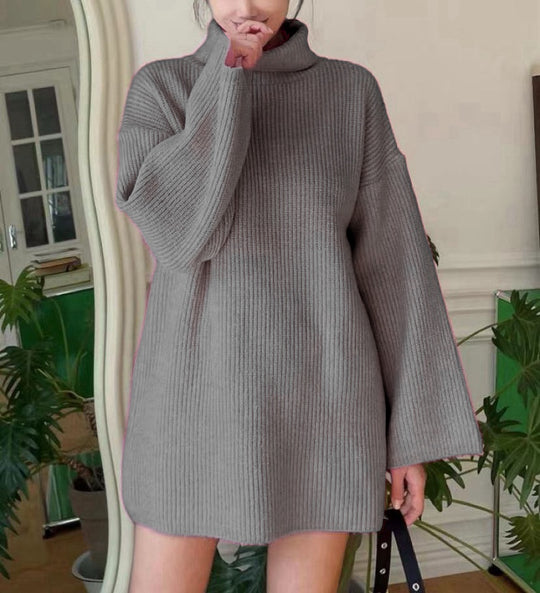 Damen Langer Strickpullover mit hohem Kragen und weit ausgestellten Ärmeln R&B