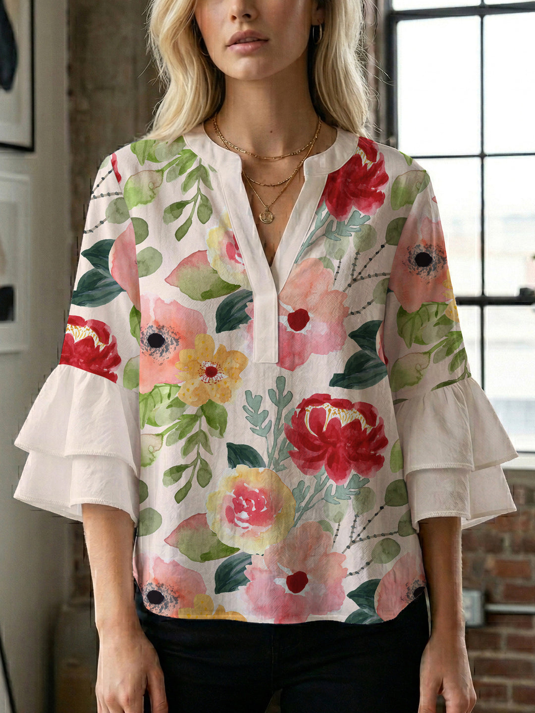 Damen Bluse mit voluminösen Rüschenärmeln und floralem Druck R&B