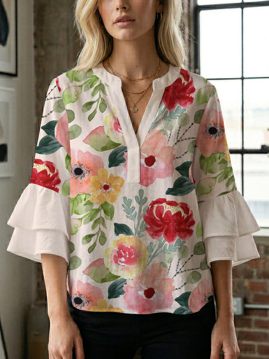 Damen Bluse mit voluminösen Rüschenärmeln und floralem Druck R&B