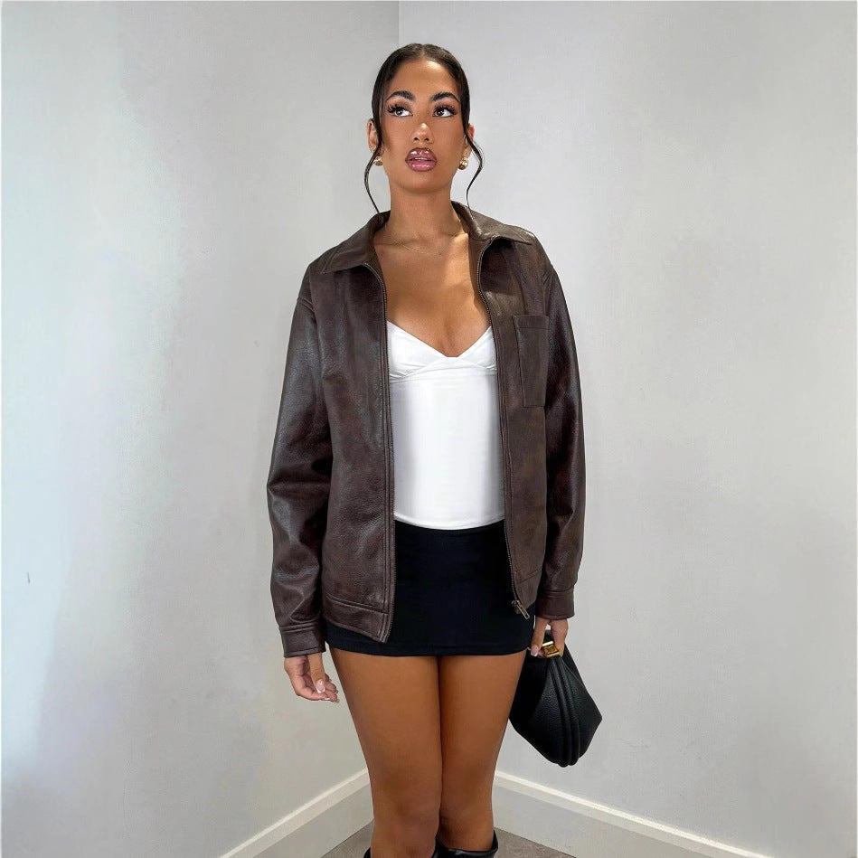 Damen Kunstlederjacke mit oversized Schnitt und praktischer Brusttasche R&B