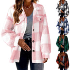 Damen Flauschige Karojacke mit Druckknopfverschluss und praktischen Taschen R&B