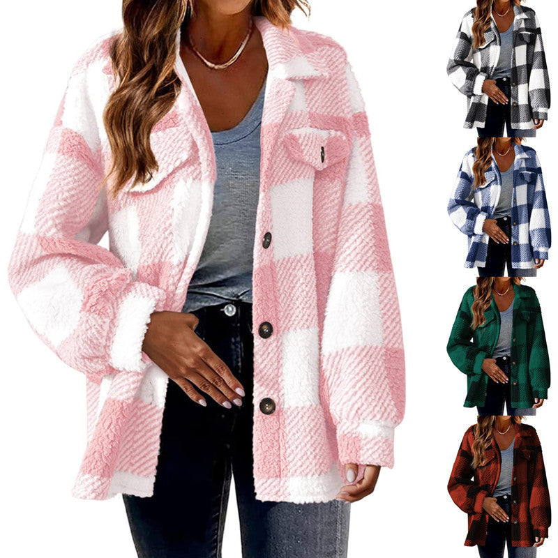 Damen Flauschige Karojacke mit Druckknopfverschluss und praktischen Taschen R&B