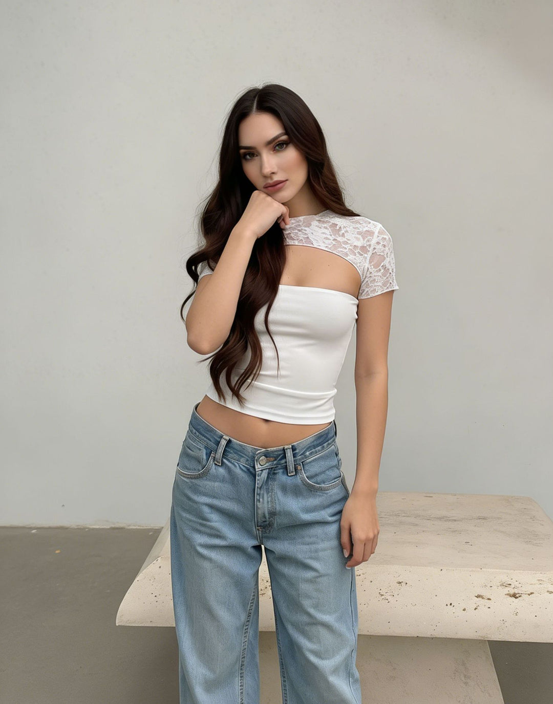 Damen Cropped Top mit Spitzenmuster und figurbetontem Schnitt R&B