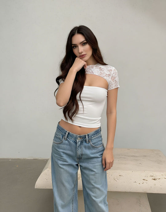 Damen Cropped Top mit Spitzenmuster und figurbetontem Schnitt R&B