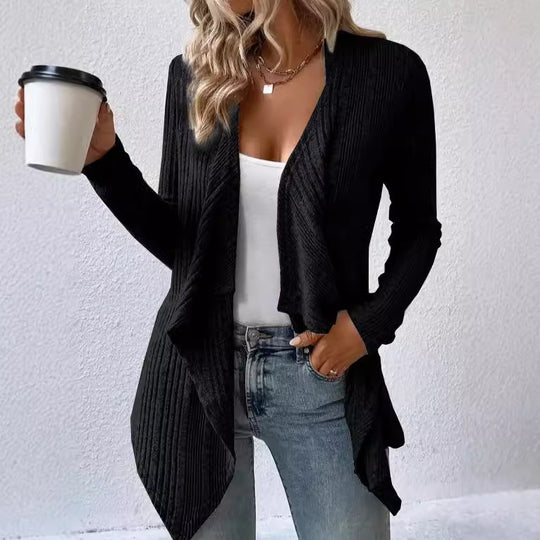 Damen lässige Strickjacke mit asymmetrischem Saum und offenem Design R&B