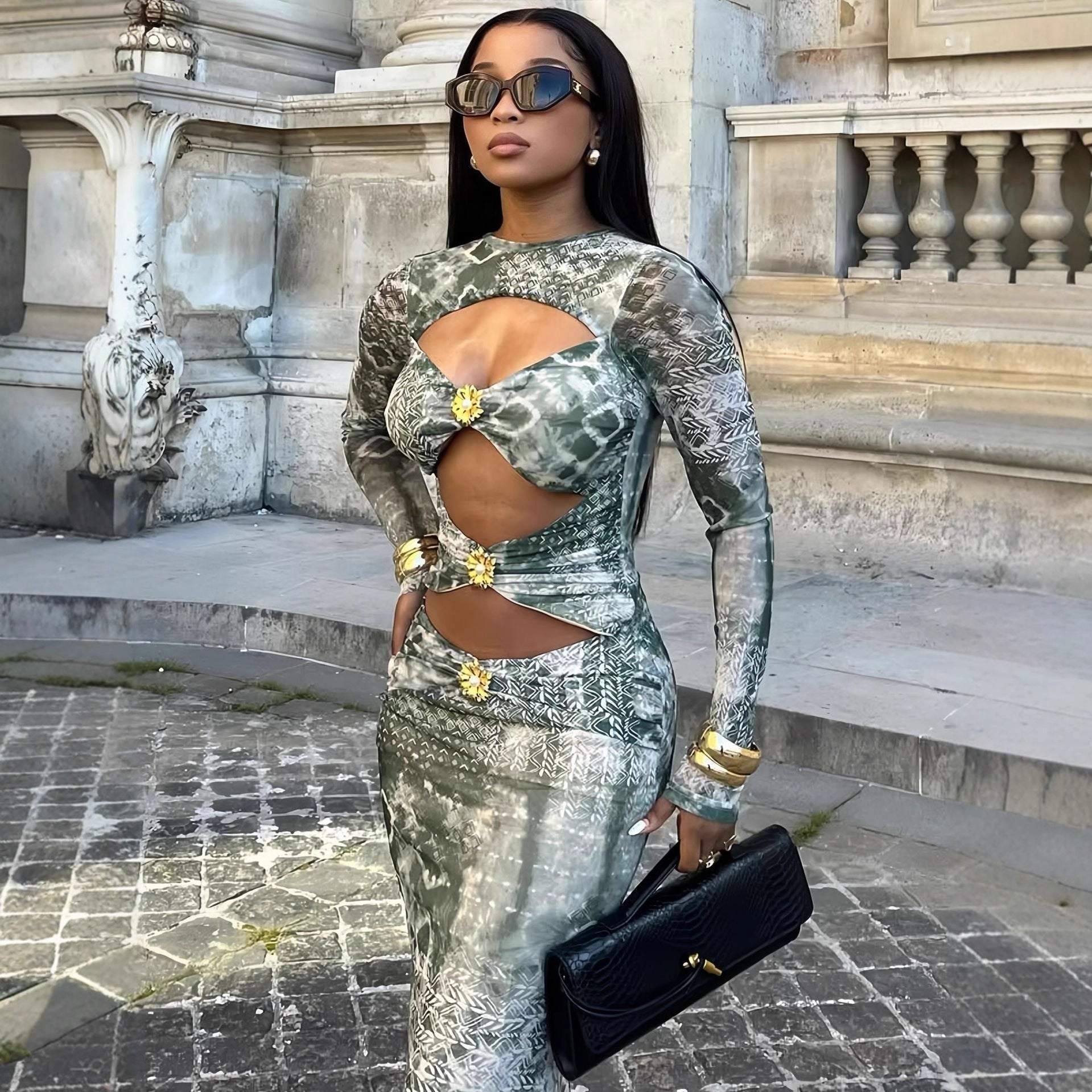 Damen Maxikleid mit transparenten Einsätzen und raffinierten Rüschendetails R&B