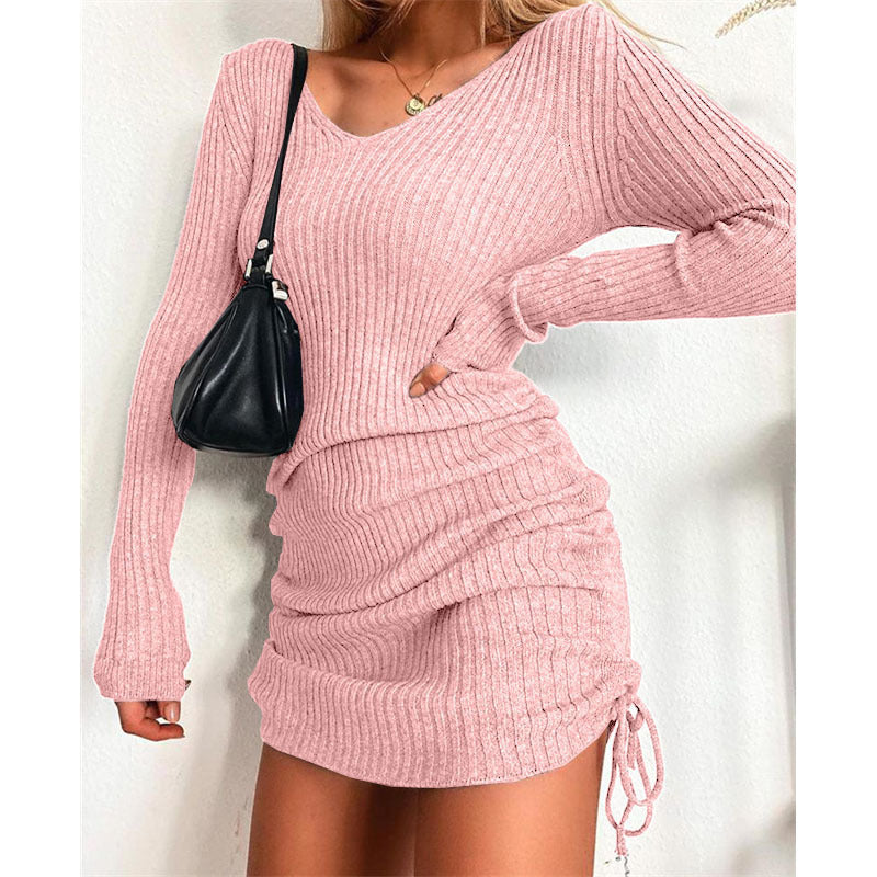 Damen Rippstrickkleid mit tiefem V-Ausschnitt und verstellbarem Raffung R&B