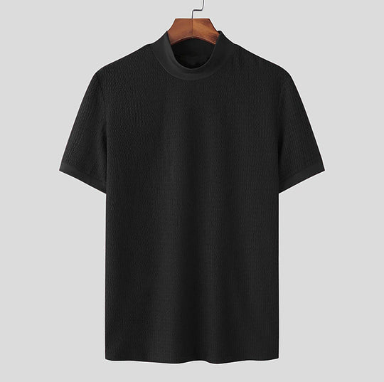 Herren nan kurzärmliges Stehkragen-Feinstrickshirt mit feiner Rippstruktur R&B