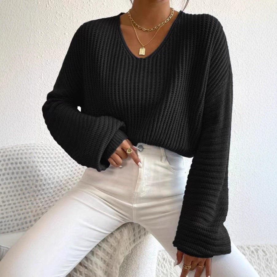 Damen Strukturierter Pullover mit V-Ausschnitt und weiten Ärmeln R&B