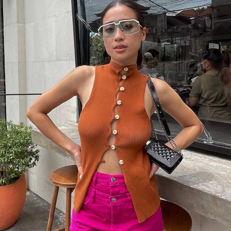 Damen Ärmelloses Stricktop mit einzigartiger Knopfleiste R&B