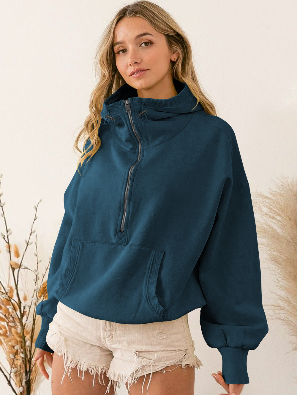 Damen sportlicher Kapuzenpullover mit halbem Reißverschluss und funktionalen Taschen R&B