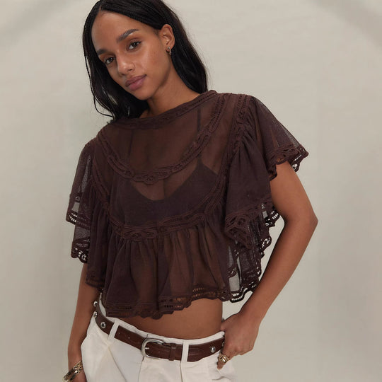 Damen Elegante Häkelbluse mit voluminösen Rüschendetails und transparentem Stoff R&B