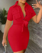 Damen Trendiges Kleid mit Krawattenverschluss und praktischen Taschen R&B
