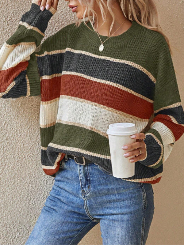 Damen lässiger Grobstrickpullover mit Farbblockmuster und weitem Schnitt R&B