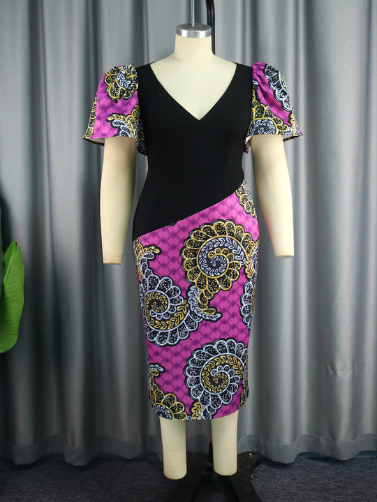 Damen figurbetontes Kleid mit bunten Puffärmeln und asymmetrischem Design R&B