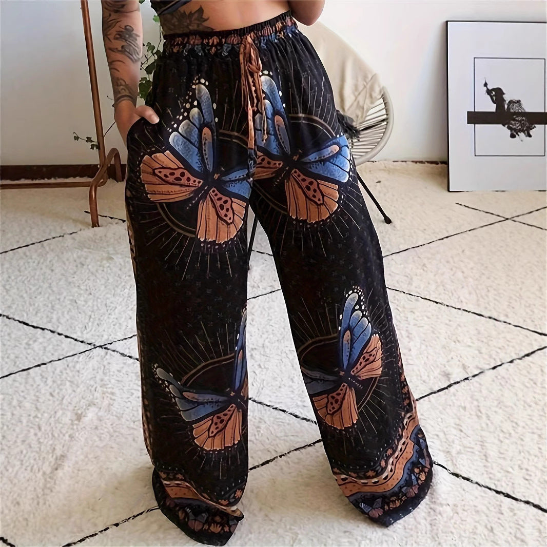 Damen Weite Palazzo-Hose mit buntem Schmetterlingsdruck und elastischem Bund R&B