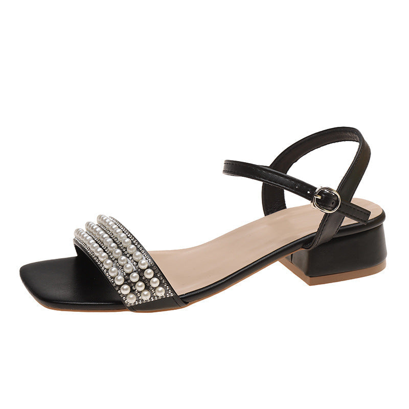 Damen elegante Sandalen mit Perlenverzierung und niedrigem Blockabsatz R&B