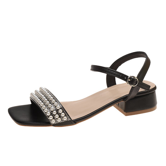 Damen elegante Sandalen mit Perlenverzierung und niedrigem Blockabsatz R&B