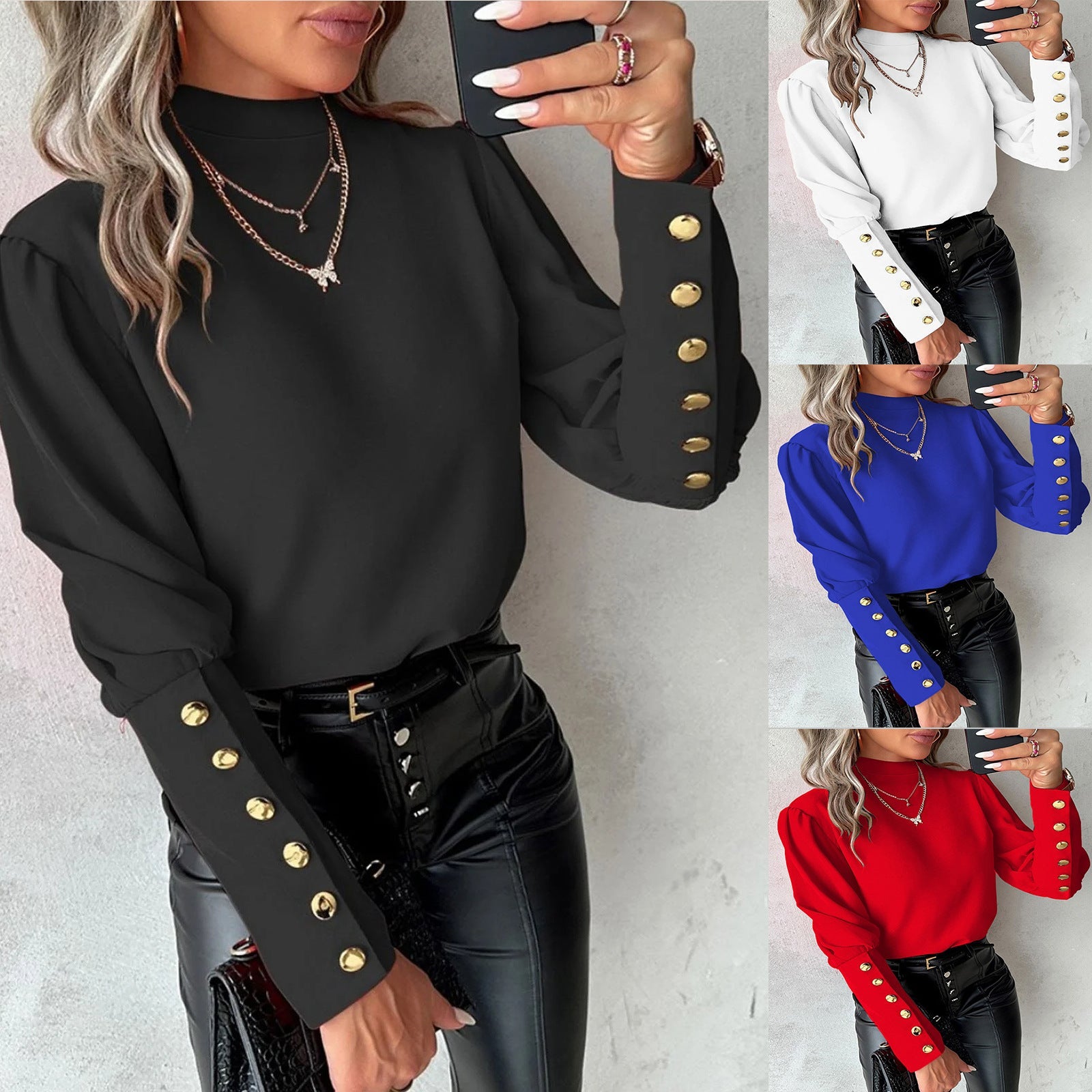 Damen Elegante Bluse mit Puffärmeln und Knopfdetails R&B