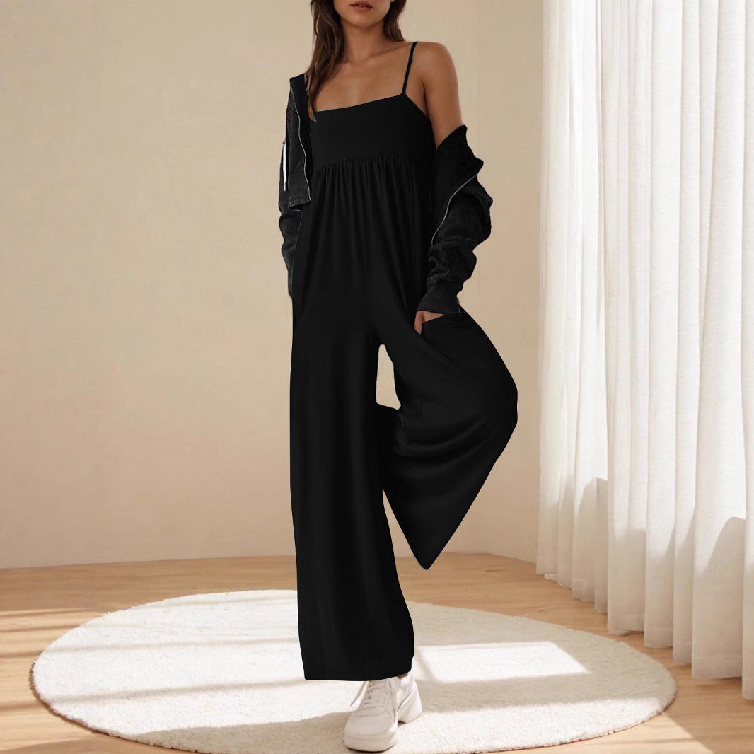 Damen lässiger Jumpsuit mit breitem Bein und verstellbaren Trägern R&B