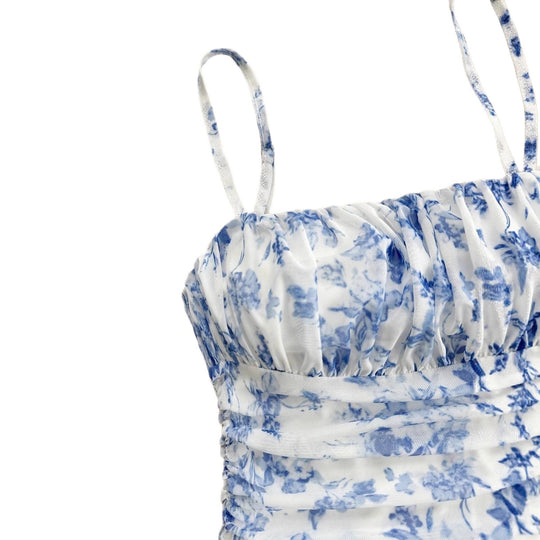 Damen Sommerliches Blumenkleid mit Spaghetti-Trägern und Raffungen R&B