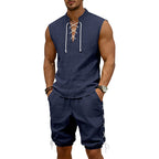 Herren nan ärmelloses Freizeit-Set mit Schnürkragen und Kordelzug-Bermuda R&B