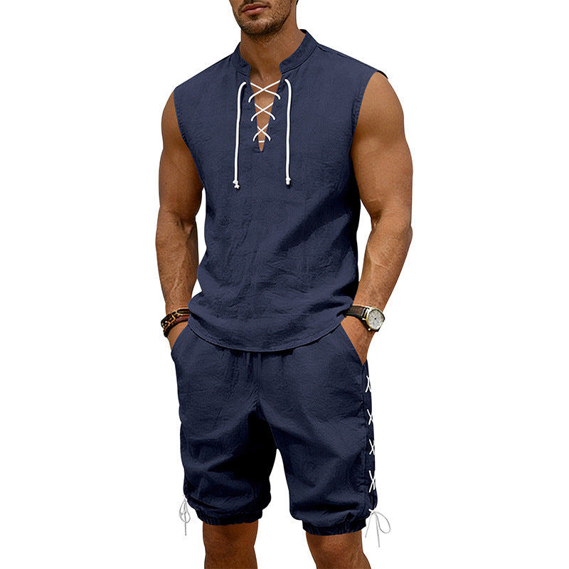 Herren nan ärmelloses Freizeit-Set mit Schnürkragen und Kordelzug-Bermuda R&B