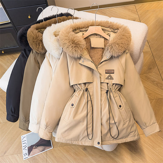 Damen warme Parkajacke mit abnehmbarem Kunstfellkragen und praktischen Taschen R&B