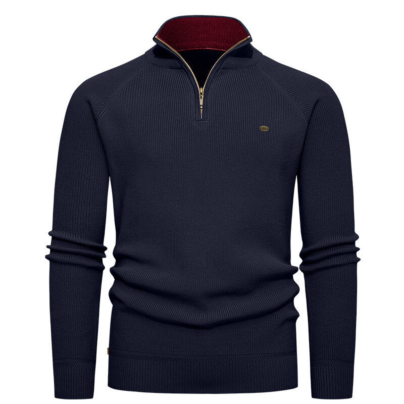Herren hochwertiger Strickpullover mit Stehkragen und modernem Reißverschluss R&B