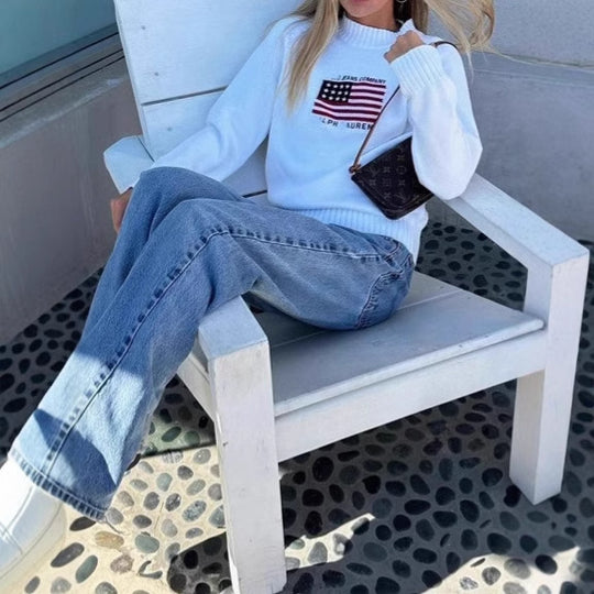 Damen Lässiger Pullover mit kreativem Flaggenmotiv und weichem Strick R&B