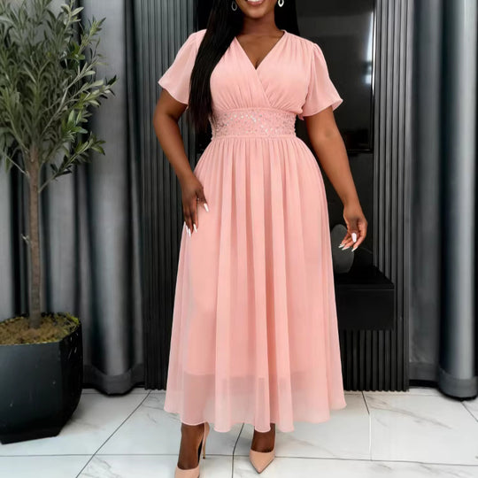 Damen Elegant Fließendes Maxikleid mit V-Ausschnitt und Taillierung R&B