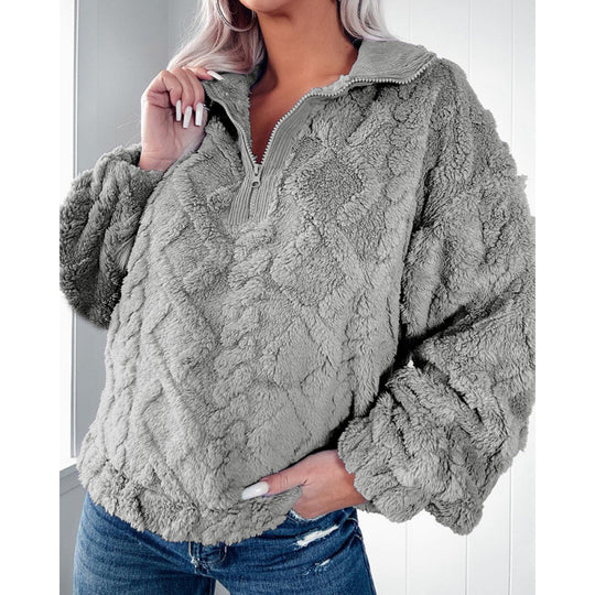 Damen Fleece-Pullover mit halbem Reißverschluss und strukturiertem Design R&B