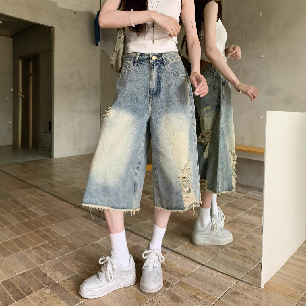 Damen Weite Denim-Culotte mit modischen Rissdetails und lässigem Schnitt R&B