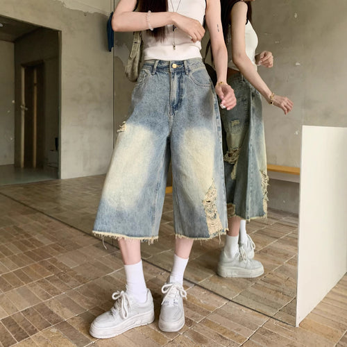 Damen Weite Denim-Culotte mit modischen Rissdetails und lässigem Schnitt R&B