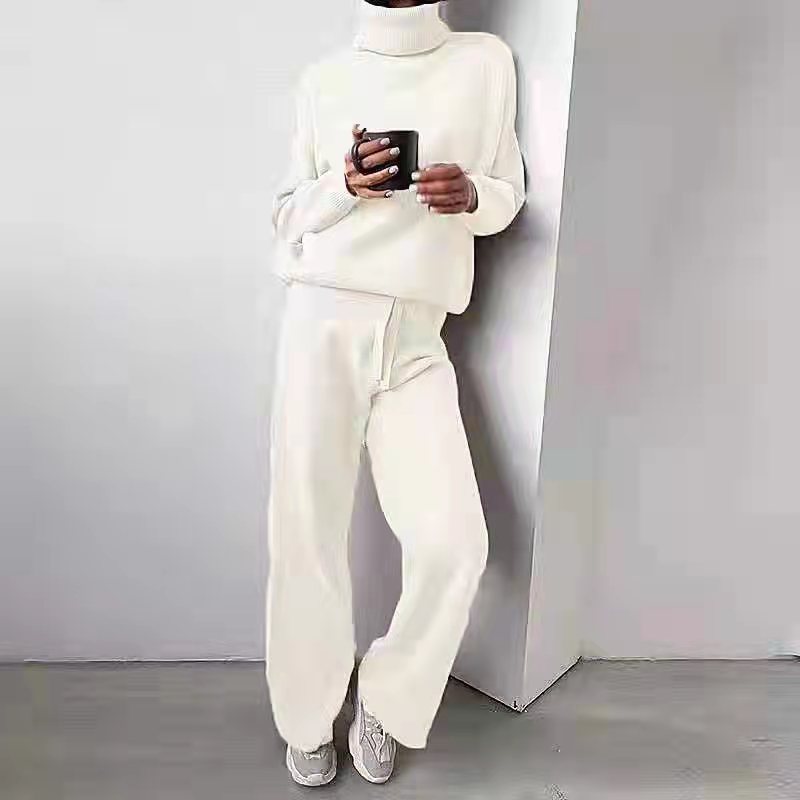 Damen kuscheliges Strick-Loungewear-Set mit weiten Hosen und elegantem Rundhalsausschnitt R&B