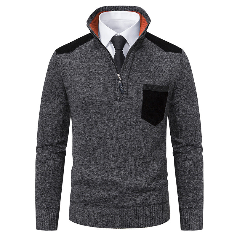 Herren elegante Strickpullover mit halben Reißverschluss und praktischem Taschenlayout