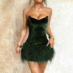 Damen Sexy Samtkleid mit Federn