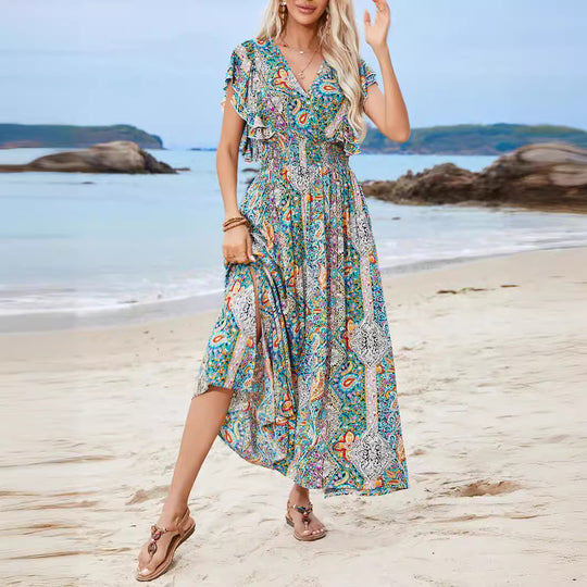 Damen Maxikleid mit verspieltem Mustermix und Rüschendetails R&B