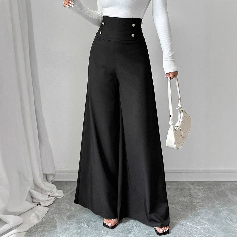 Damen Fließende Palazzo-Hose mit hohem Taillenbund und eleganten Knopfdetails R&B